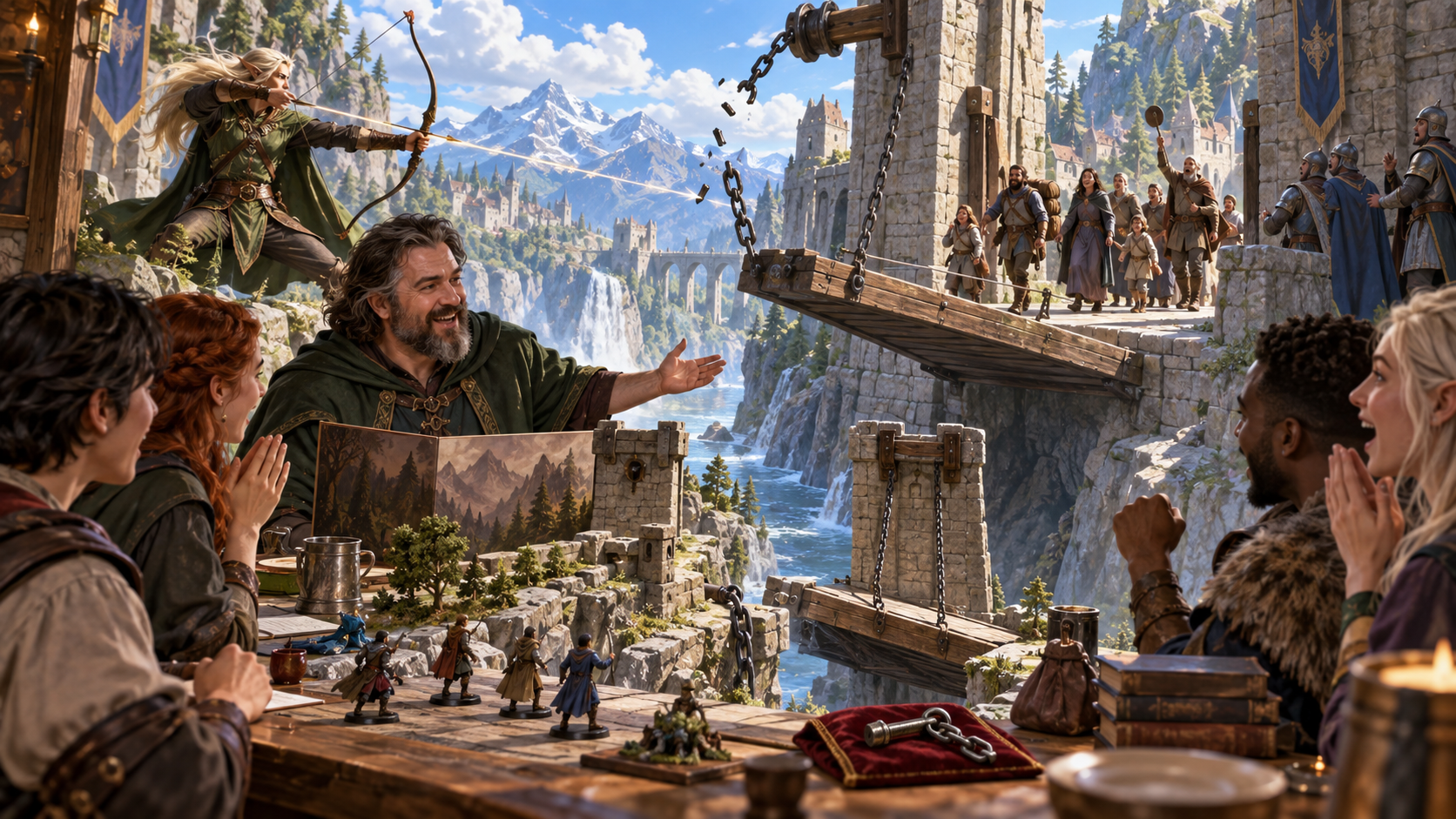 Dungeon Master and players with drawbridge miniatures while an elf archer cuts a chain and onlookers witness the raised bridge