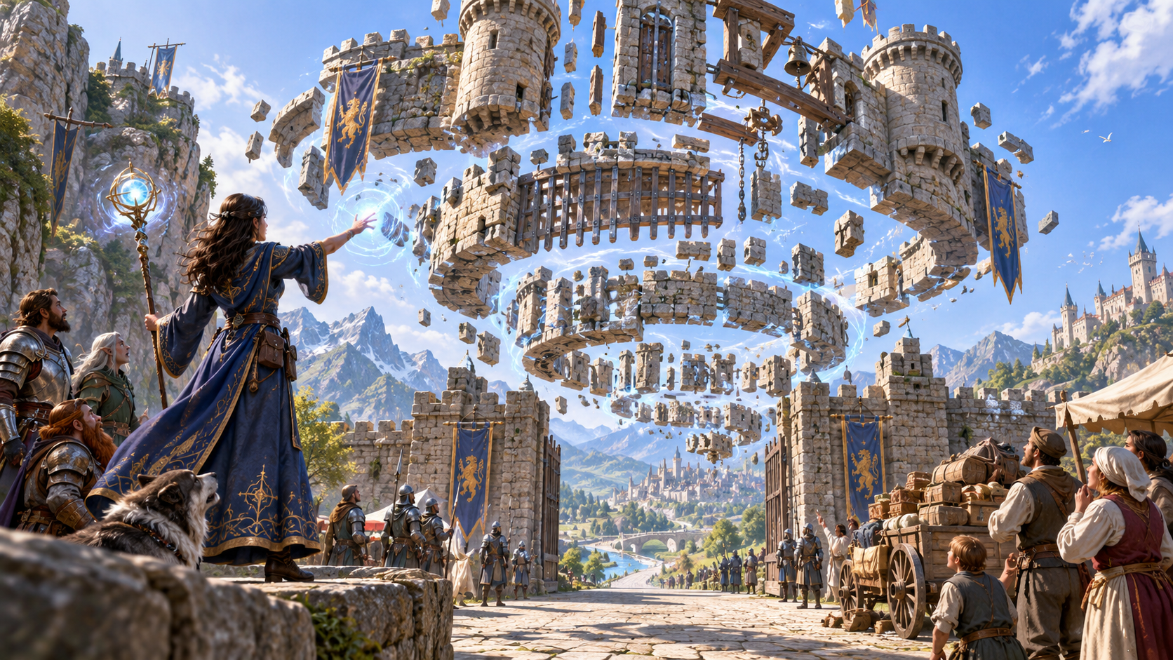 Wizard holds separated gate stones and towers suspended over a clear road as companions guards and travellers watch