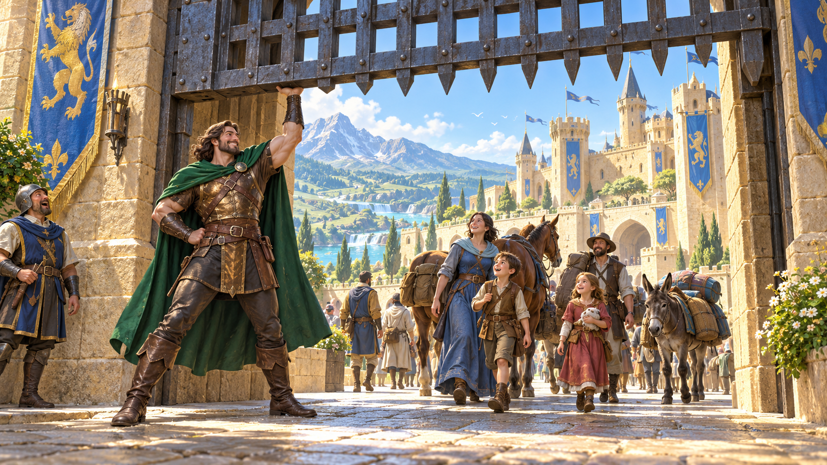 Hero holds a portcullis with one hand as travellers family and a guard witness the extraordinary strength