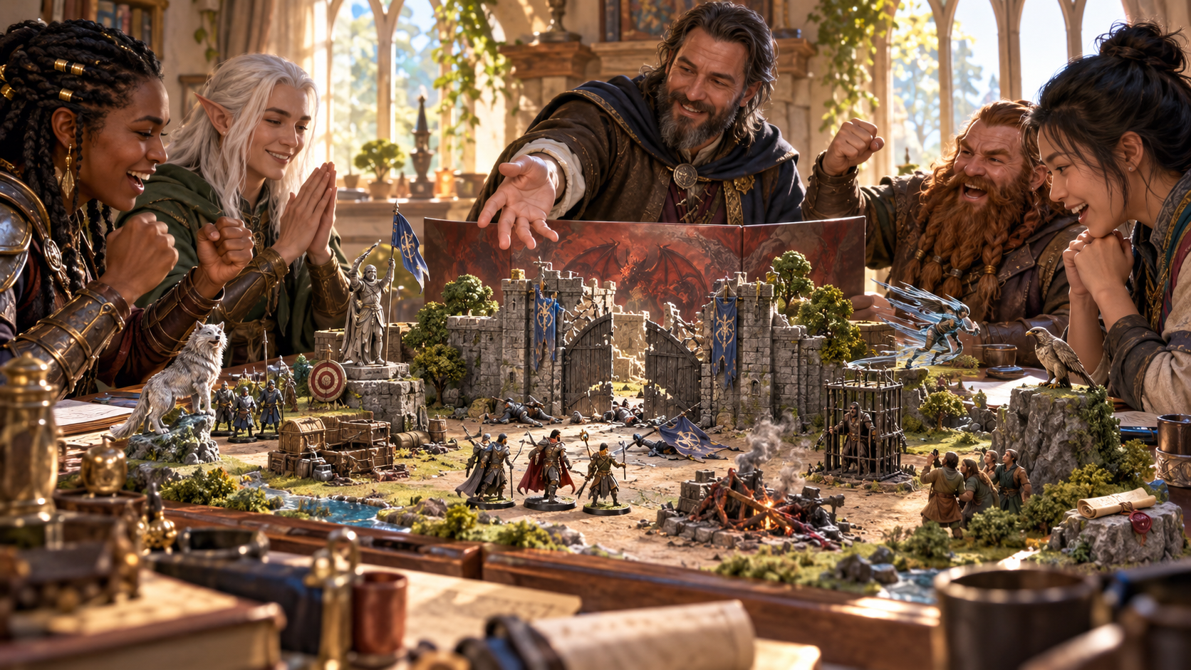 Dungeon Master and players around a fortress scene with adventurers witnesses and a shattered gate